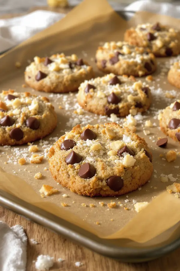 A batch of freshly baked vegan chocolate chip cookies cooling on a parchment-lined tray, golden edges with melted chocolate chips, some sprinkled with chopped nuts and shredded coconut