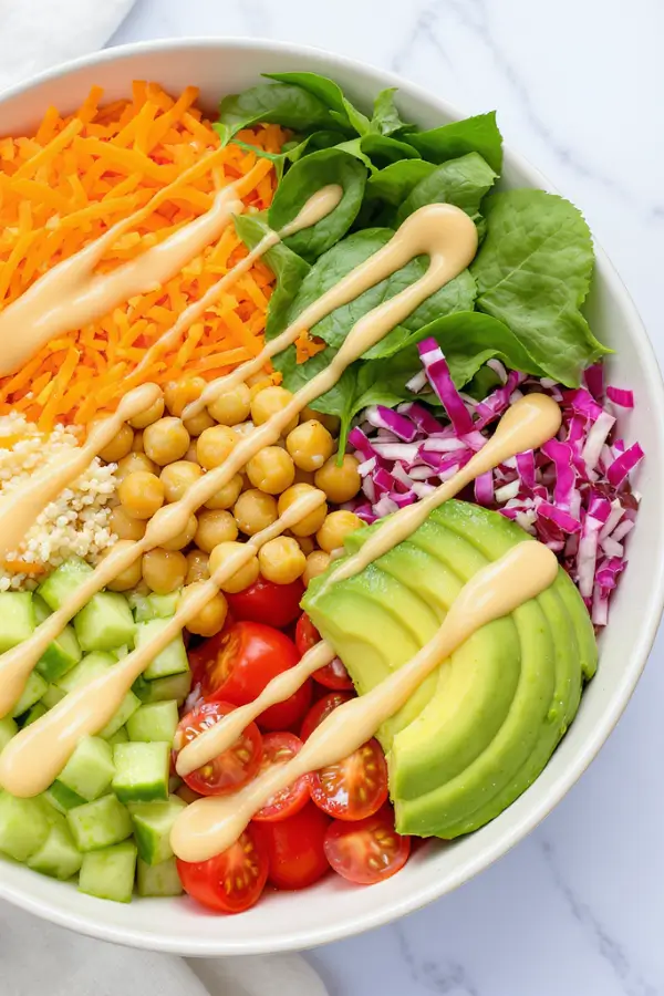 A vibrant vegan Buddha bowl filled with sections of fluffy quinoa, golden chickpeas, shredded carrots, diced cucumber, halved cherry tomatoes, bright spinach leaves, sliced avocado, and purple cabbage, all arranged neatly in a shallow bowl, drizzled with creamy tahini dressing