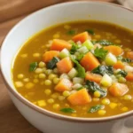 A bowl of vegan lentil soup brimming with green lentils, carrots, celery, onions, spinach, and tomatoes in a rich golden broth on the kitchen countertop