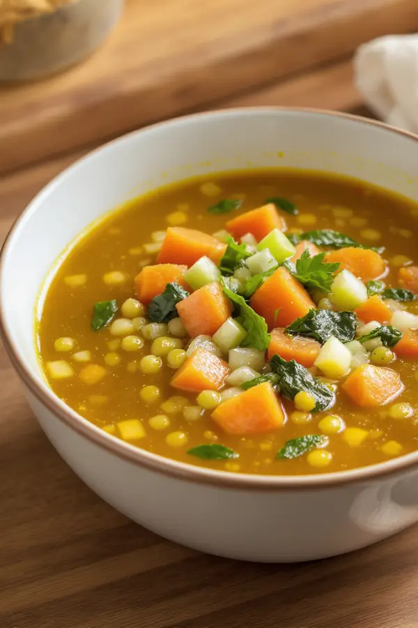 A bowl of vegan lentil soup brimming with green lentils, carrots, celery, onions, spinach, and tomatoes in a rich golden broth on the kitchen countertop