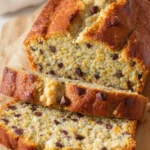 A golden-brown loaf of keto zucchini bread on a wooden board, speckled with grated zucchini, chopped walnuts, and chocolate chips, with a few slices cut to reveal its moist, fluffy texture