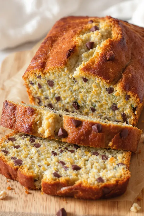 A golden-brown loaf of keto zucchini bread on a wooden board, speckled with grated zucchini, chopped walnuts, and chocolate chips, with a few slices cut to reveal its moist, fluffy texture