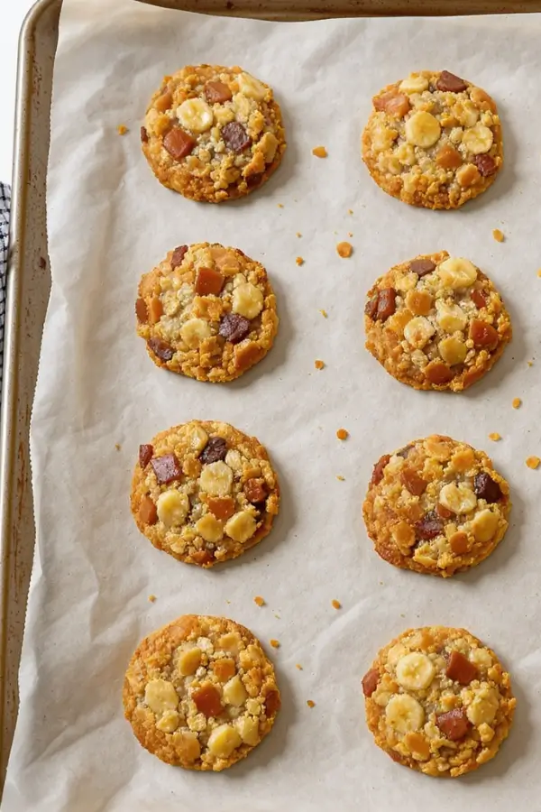 banana oatmeal cookies on a parchment-lined baking sheet, golden-brown with slightly textured tops