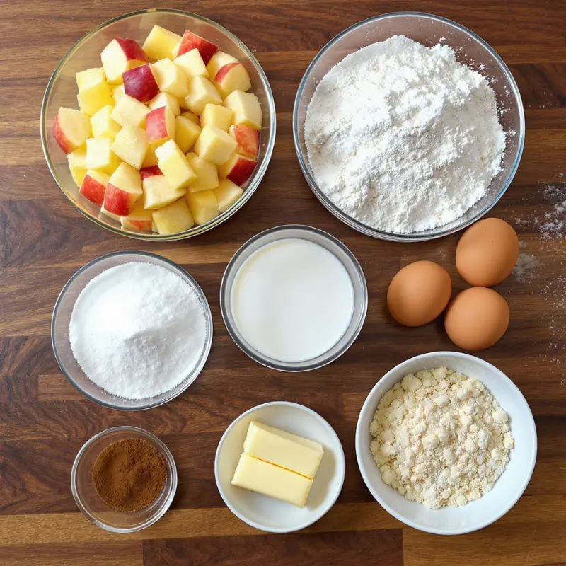 Baking ingredients on a wooden counter: diced apples, flour, sugar, eggs, milk, cinnamon, butter cubes, and a small bowl of streusel mix