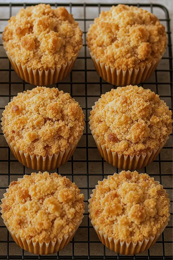 Golden apple cinnamon muffins with crumbly streusel topping, arranged on a cooling rack