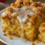 Golden cinnamon apple crumb cake topped with a crunchy streusel and drizzled with cinnamon-apple glaze, sliced into warm squares
