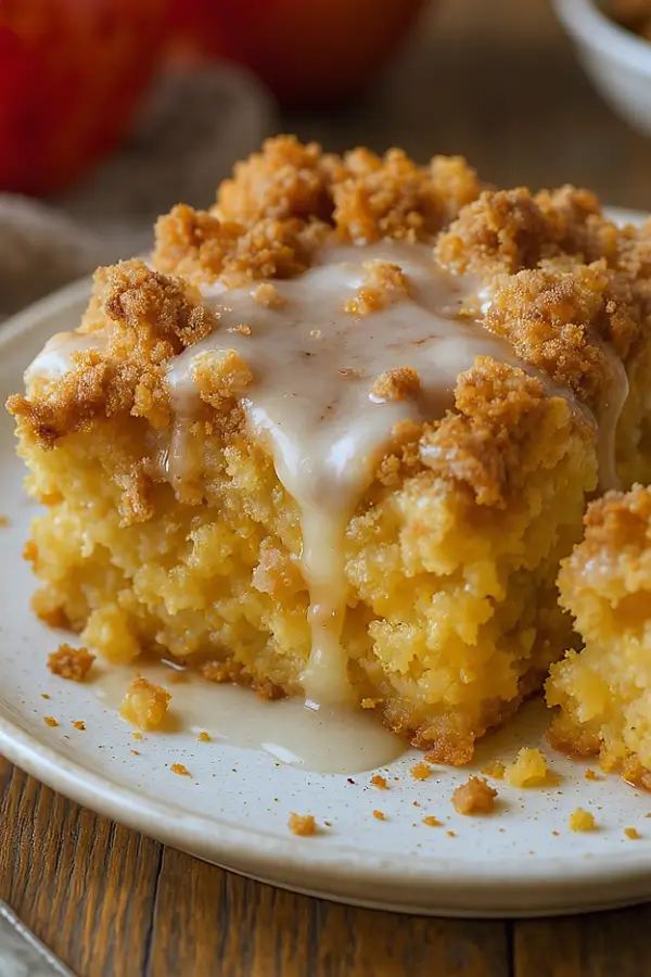 Golden cinnamon apple crumb cake topped with a crunchy streusel and drizzled with cinnamon-apple glaze, sliced into warm squares