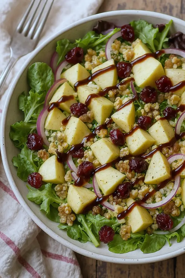 A fresh apple walnut salad in a large bowl with mixed greens, apple chunks, toasted walnuts, red onion slices, and cranberries, drizzled with balsamic vinaigrette