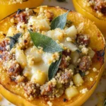 Golden roasted acorn squash halves filled with a hearty stuffing of sausage, onions, apples, and fresh sage, topped with melted Parmesan and crispy breadcrumbs, served warm on a baking sheet