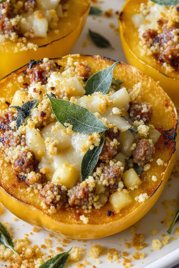 Golden roasted acorn squash halves filled with a hearty stuffing of sausage, onions, apples, and fresh sage, topped with melted Parmesan and crispy breadcrumbs, served warm on a baking sheet