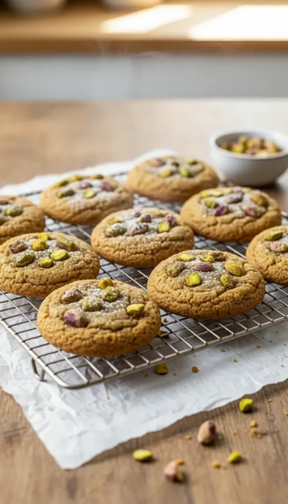 Chewy Brown Butter Pistachio Cookies resting on cooling rack