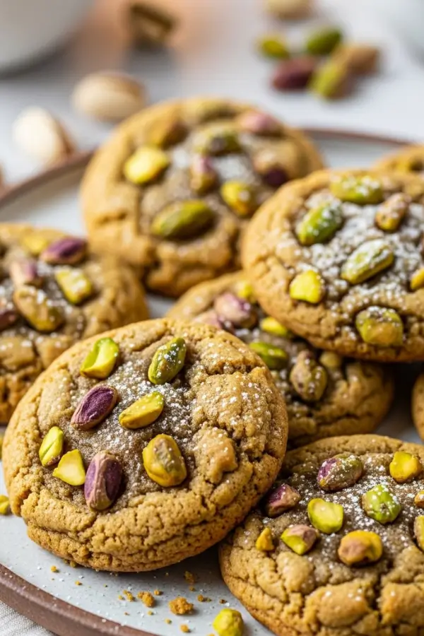 Chewy Brown Butter Pistachio Cookies on a Plate for serving