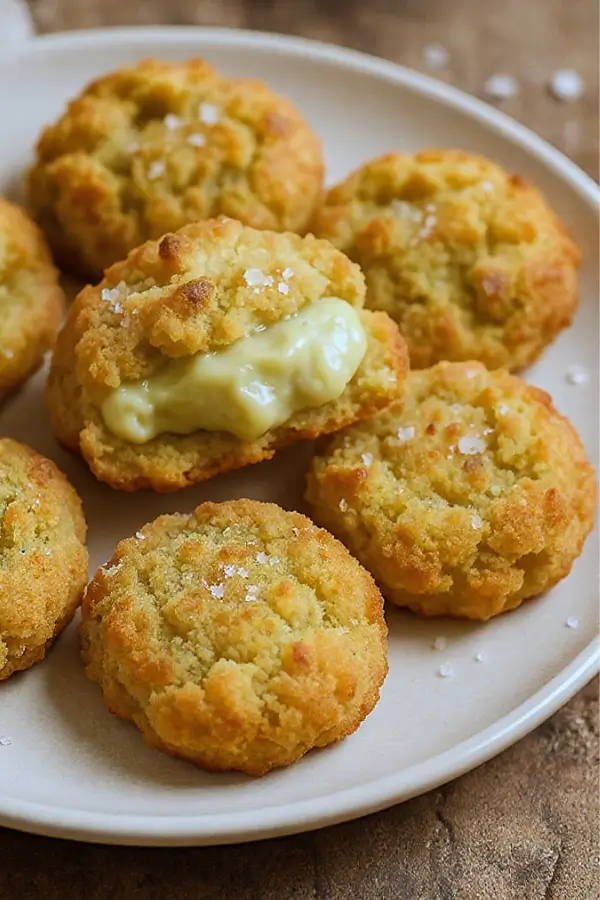 A plate of golden brown pistachio cookies, sprinkled with flaky sea salt, soft centers with a hint of green from pistachio cream