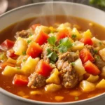 A steaming bowl of hearty cabbage and hamburger soup filled with ground beef, chopped cabbage, diced tomatoes, and herbs in a rich broth, garnished with fresh parsley