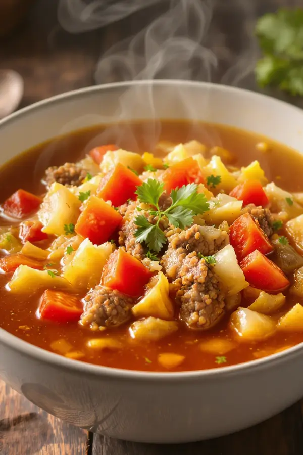 A steaming bowl of hearty cabbage and hamburger soup filled with ground beef, chopped cabbage, diced tomatoes, and herbs in a rich broth, garnished with fresh parsley