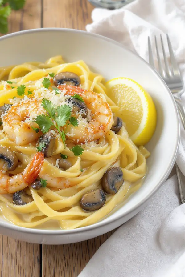 A bowl of creamy linguine pasta tossed with golden shrimp, sautéed mushrooms, and a rich lemon-garlic cream sauce, garnished with fresh parsley, lemon zest, and a sprinkle of Parmesan