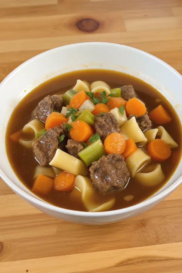 A bowl of crockpot beef and noodles, featuring tender beef chunks, wide egg noodles, carrots, and celery in a rich, savory broth set on a wooden table