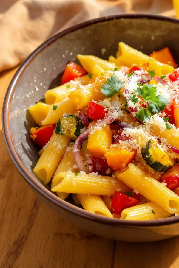 Colorful fall pasta bowl with penne tossed in golden roasted butternut squash, zucchini, red and yellow bell peppers, caramelized red onion, garlic, and herbs, garnished with Parmesan and fresh parsley