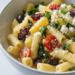 A colorful bowl of gluten-free Mediterranean pasta with cherry tomatoes, olives, sun-dried tomatoes, artichoke hearts, and spinach, tossed in a light broth and topped with crumbled feta