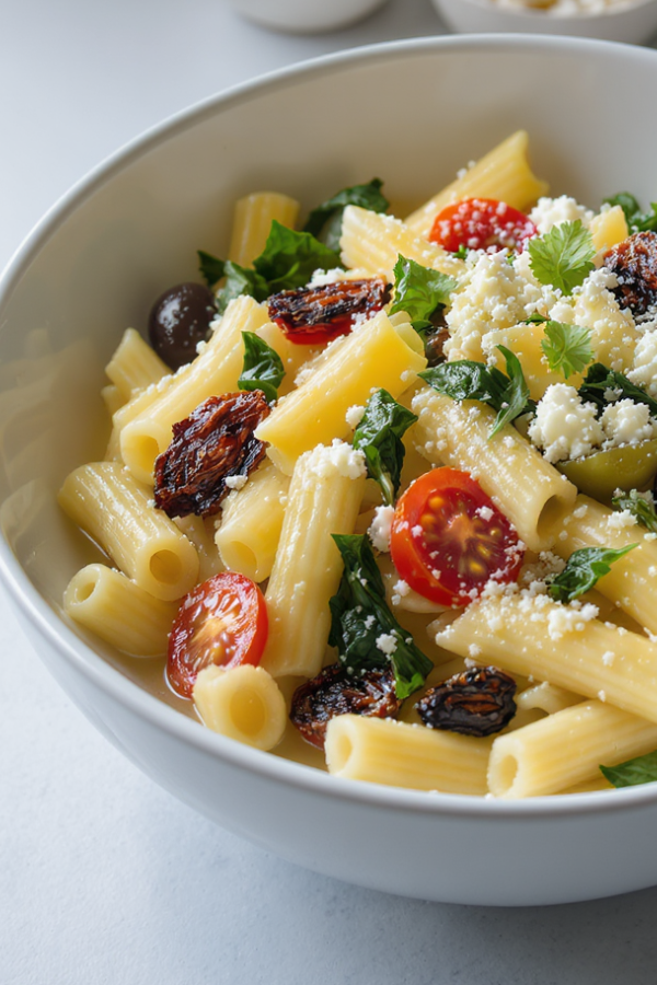 A colorful bowl of gluten-free Mediterranean pasta with cherry tomatoes, olives, sun-dried tomatoes, artichoke hearts, and spinach, tossed in a light broth and topped with crumbled feta