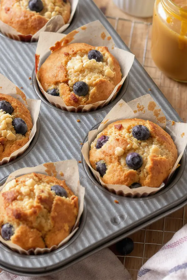 Golden-brown vegan muffins in a muffin tin, slightly domed tops with a fluffy texture, speckled with blueberries and nuts, resting on a cooling rack beside a jar of almond butter