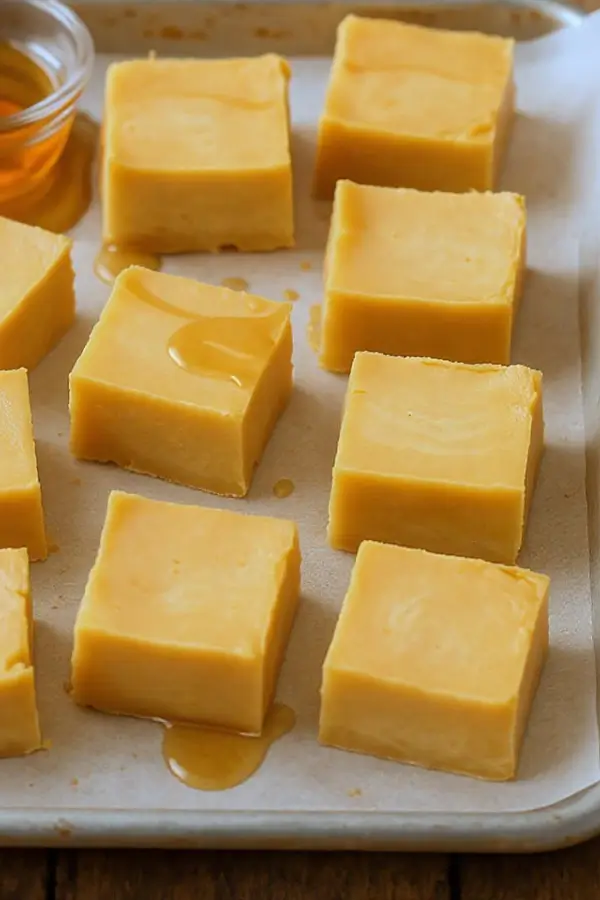 A tray of creamy maple fudge squares, golden-brown with a smooth finish, arranged neatly on parchment paper with a drizzle of maple syrup nearby