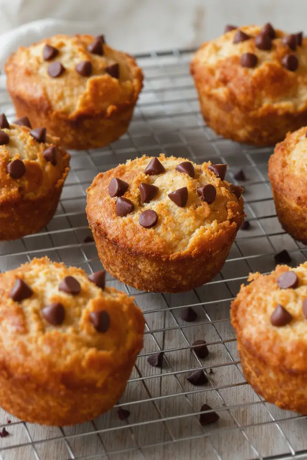 Golden mini banana bread loaves on a cooling rack, each studded with melted chocolate chips and sprinkled with extra chips on top, with a soft, moist crumb
