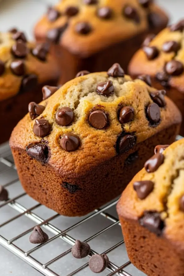 Golden mini banana bread loaves on a cooling rack, each studded with melted chocolate chips and sprinkled with extra chips on top