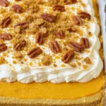 A layered pumpkin lush dessert in a 9×13 pan, with ginger snap crust, creamy cheesecake layer, pumpkin pudding layer, and fluffy whipped topping, garnished with crushed cookies and pecans