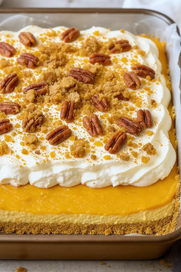 A layered pumpkin lush dessert in a 9×13 pan, with ginger snap crust, creamy cheesecake layer, pumpkin pudding layer, and fluffy whipped topping, garnished with crushed cookies and pecans