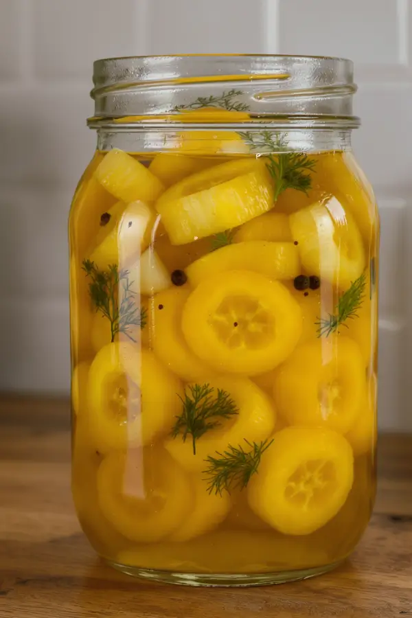 one Glass jar filled with vibrant yellow banana pepper rings in golden brine, speckled with mustard seeds, black peppercorns, garlic slices, and sprigs of dill, sitting on a kitchen counter