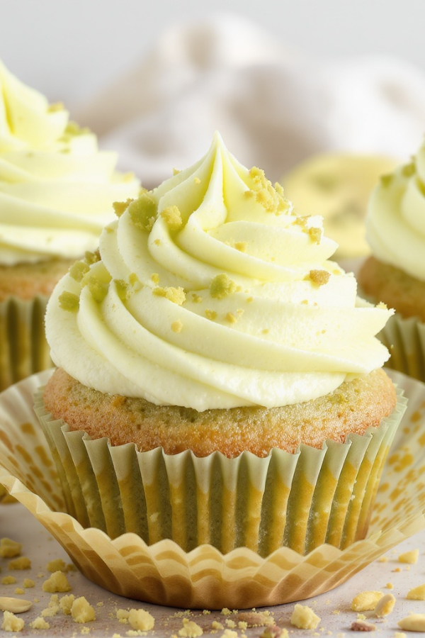 Freshly baked pistachio cupcakes with a soft green crumb, topped with creamy pistachio cream cheese frosting swirled high