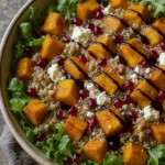 A vibrant autumn salad in a large bowl, with mixed greens, roasted pumpkin cubes, pomegranate seeds, crumbled feta, walnuts, and a drizzle of balsamic vinaigrette