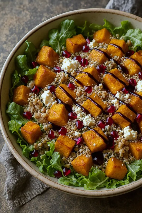 A vibrant autumn salad in a large bowl, with mixed greens, roasted pumpkin cubes, pomegranate seeds, crumbled feta, walnuts, and a drizzle of balsamic vinaigrette