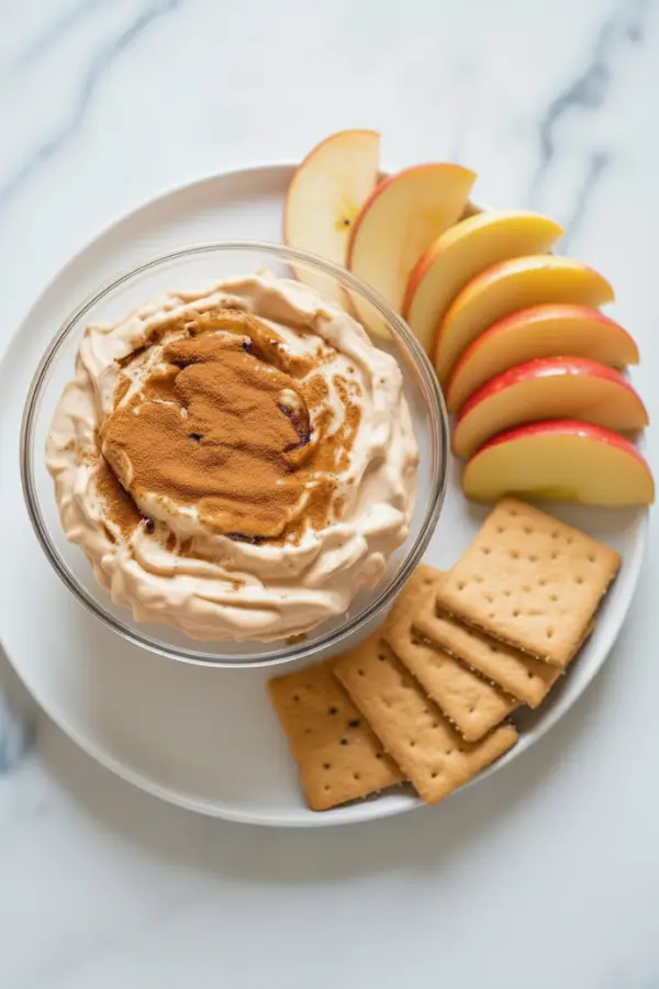 Overhead view of pumpkin pie cheesecake dip garnished with cinnamon in a glass bowl, served with fresh apple slices and stacked graham crackers on a white plate
