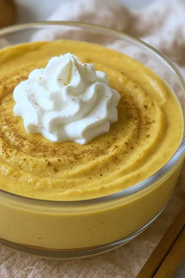Creamy pumpkin cheesecake dip in a glass bowl, topped with cinnamon and dollops of whipped cream