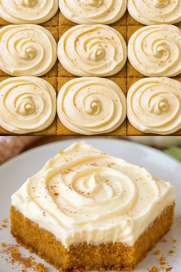 Golden pumpkin bars topped with thick swirls of cream cheese frosting