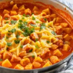 A skillet filled with creamy Rotel chicken pasta bite-sized chicken pieces, pasta coated in a cheesy tomato-chili cream sauce, topped with melted cheddar and chopped cilantro, served on the modern kitchen countertop