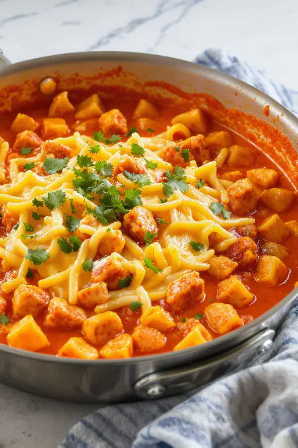 A skillet filled with creamy Rotel chicken pasta bite-sized chicken pieces, pasta coated in a cheesy tomato-chili cream sauce, topped with melted cheddar and chopped cilantro, served on the modern kitchen countertop