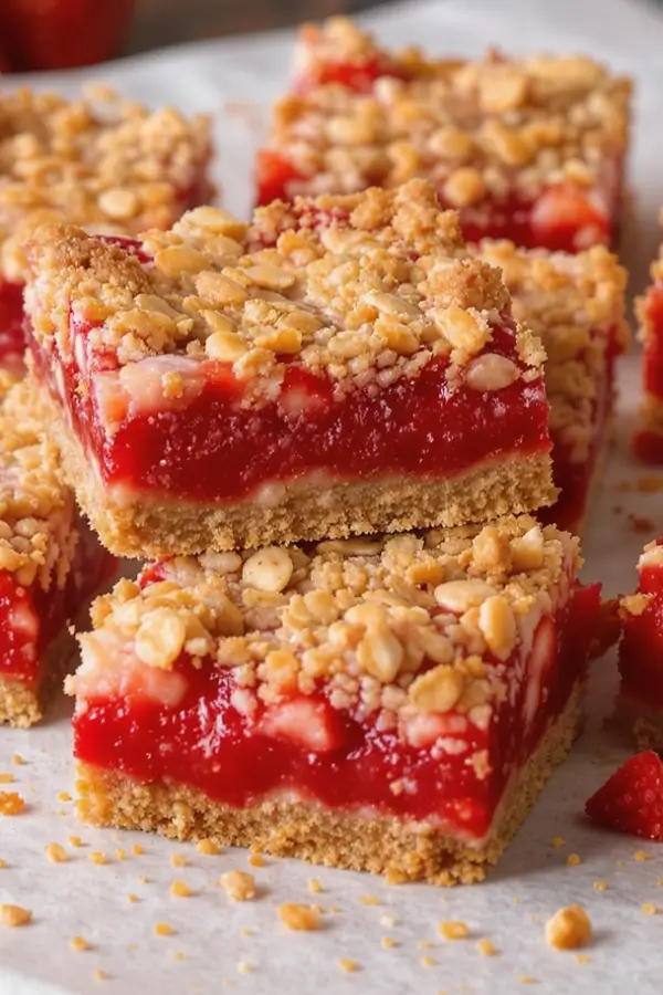Golden strawberry crumble bars with a toasted oat-almond crust, a thick jammy strawberry layer, and a crunchy oat topping