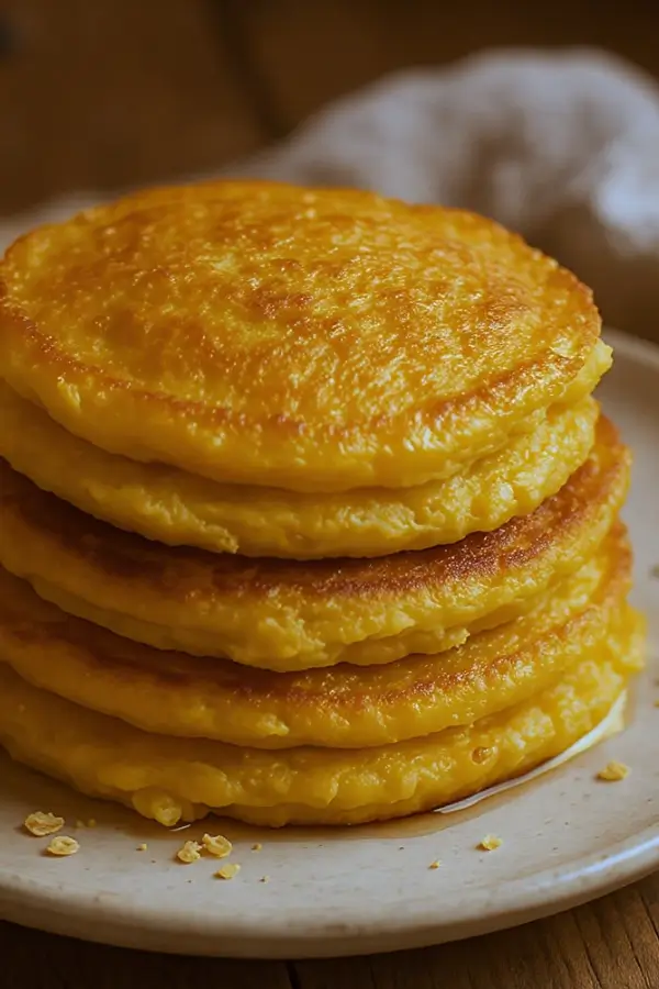 A stack of golden-brown sweet potato pancakes, soft and fluffy, made with oats and egg, served warm on a simple plate