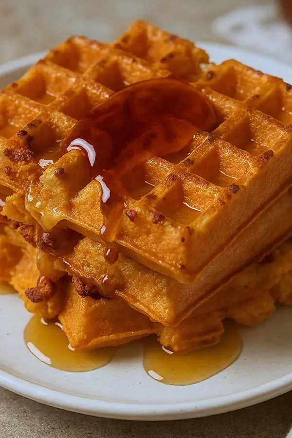 Golden sweet potato waffles stacked on a plate, topped with maple syrup