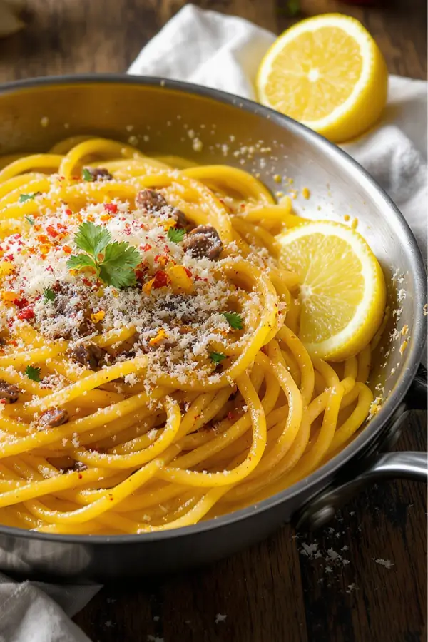 A skillet of spaghetti tossed in golden garlic butter sauce with melted anchovies, red pepper flakes, lemon zest, and parsley, topped with grated Parmesan and served with a twist of lemon