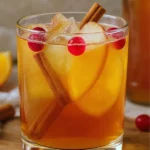 A festive caramel apple cider mocktail, filled with sparkling golden cider, floating orange and apple slices, cinnamon sticks, and bright red cranberries, served in a rimmed glass