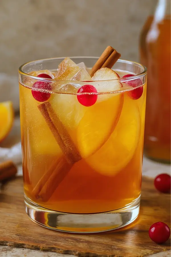 A festive caramel apple cider mocktail, filled with sparkling golden cider, floating orange and apple slices, cinnamon sticks, and bright red cranberries, served in a rimmed glass