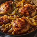 Dutch oven with golden braised chicken thighs nestled in a glossy apple cider vinegar and caramelized onion sauce