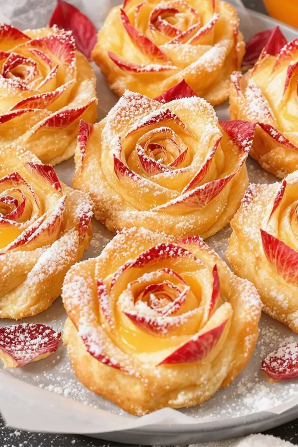 Golden puff pastry apple roses with red apple petals, dusted with powdered sugar and glazed with apricot jam on a table