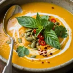 Creamy Thai pumpkin soup in a bowl, swirled with coconut milk, topped with cilantro, Thai basil, toasted pumpkin seeds, red chili flakes