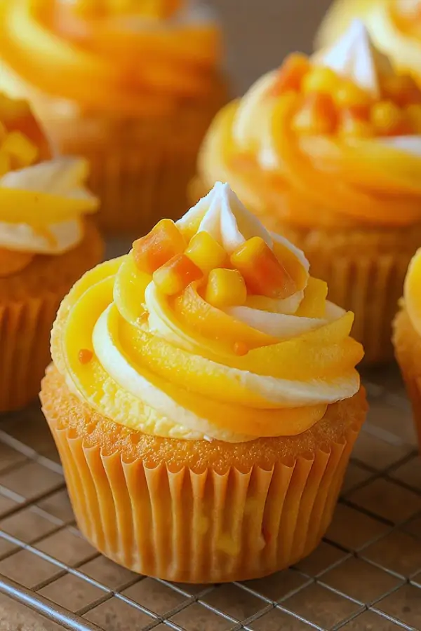 A close-up of candy corn cupcakes with yellow, orange, and white swirled frosting, topped with candy corn pieces, on a wire rack