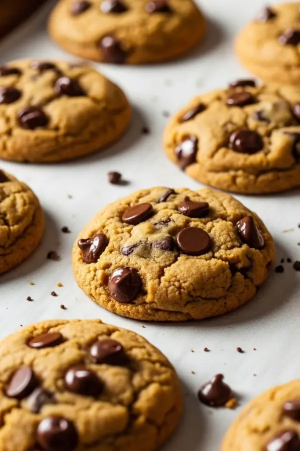 Pumpkin pie filling chocolate chip cookies, golden edges with soft centers, studded with melted dark chocolate, arranged on a parchment-lined baking sheet